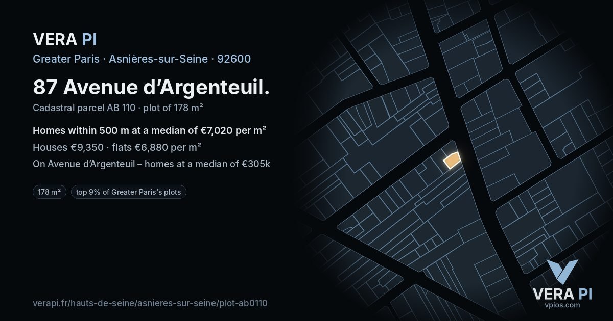 87 Avenue d’Argenteuil, Asnières-sur-Seine at night – the plot lit, the parcels around coloured by the prices near them