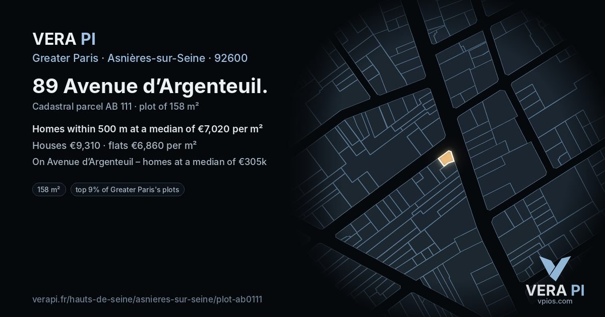 89 Avenue d’Argenteuil, Asnières-sur-Seine at night – the plot lit, the parcels around coloured by the prices near them