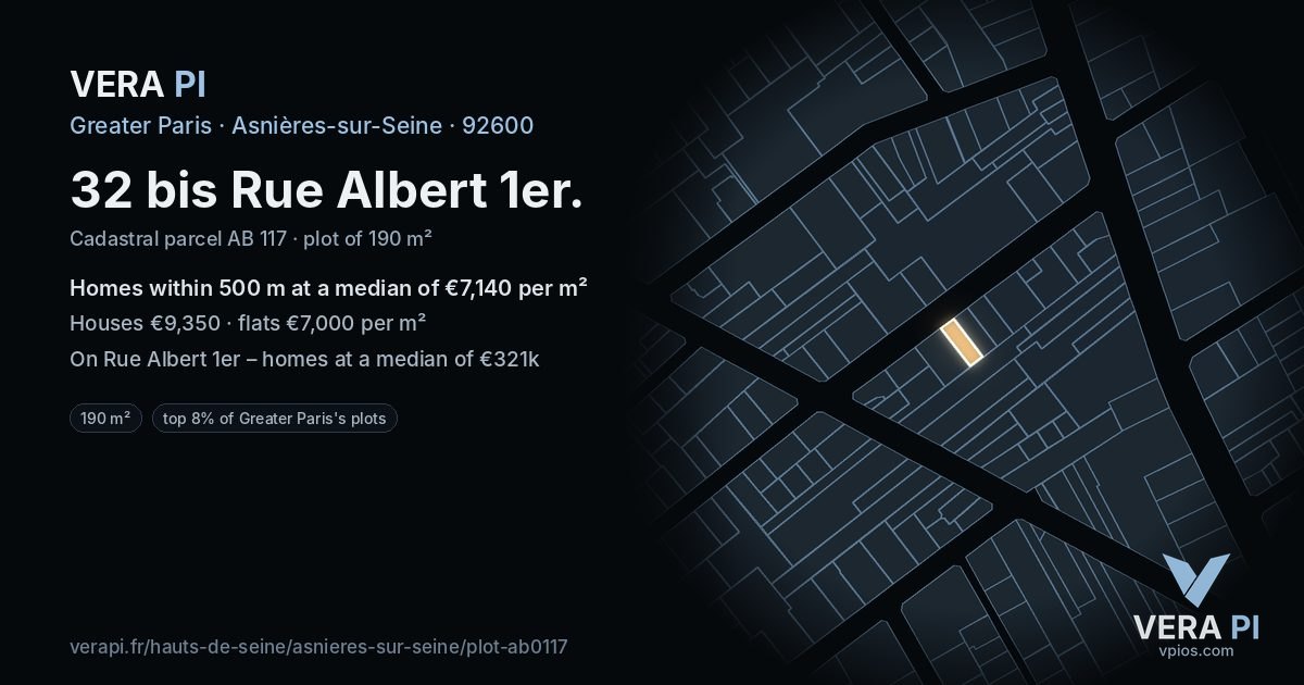 32 bis Rue Albert 1er, Asnières-sur-Seine at night – the plot lit, the parcels around coloured by the prices near them