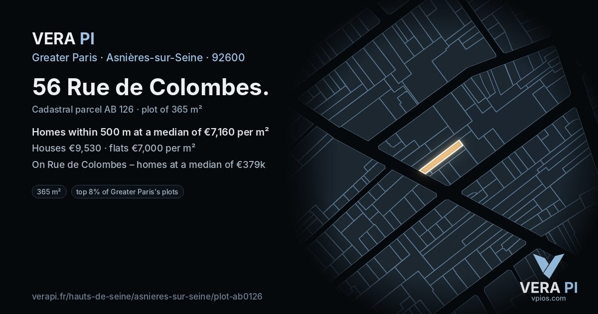 56 Rue de Colombes, Asnières-sur-Seine at night – the plot lit, the parcels around coloured by the prices near them