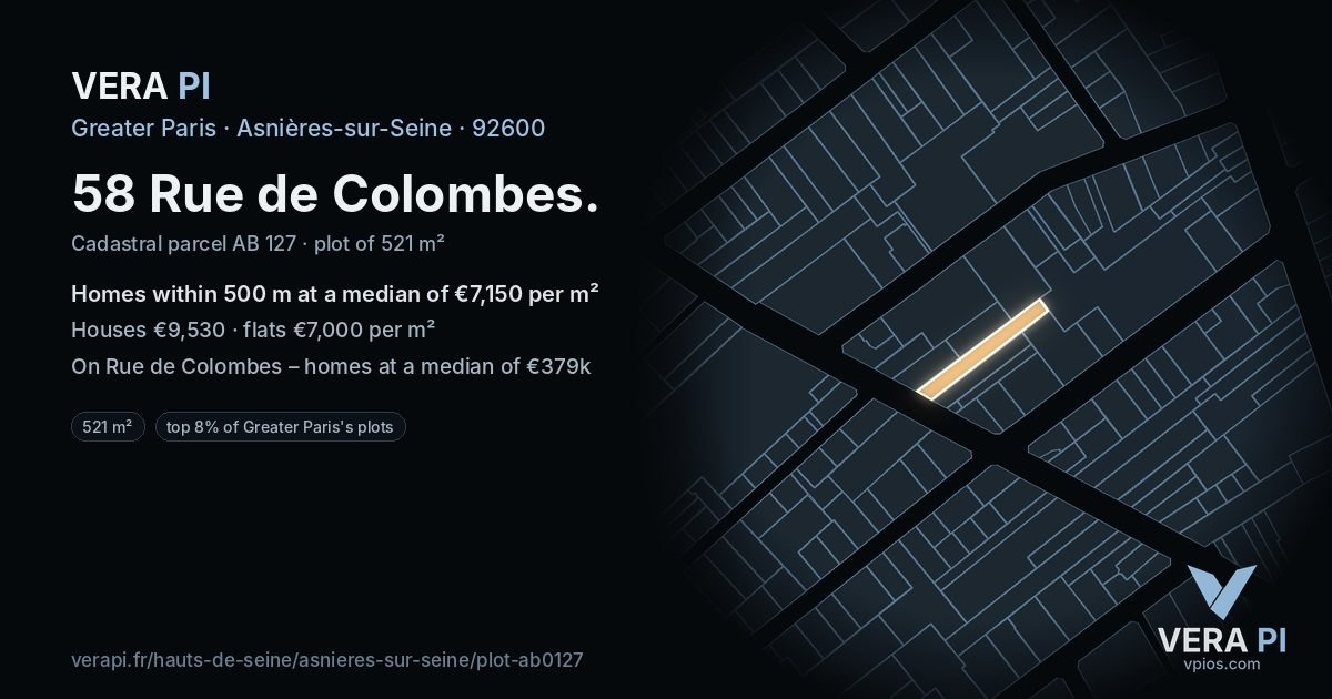 58 Rue de Colombes, Asnières-sur-Seine at night – the plot lit, the parcels around coloured by the prices near them