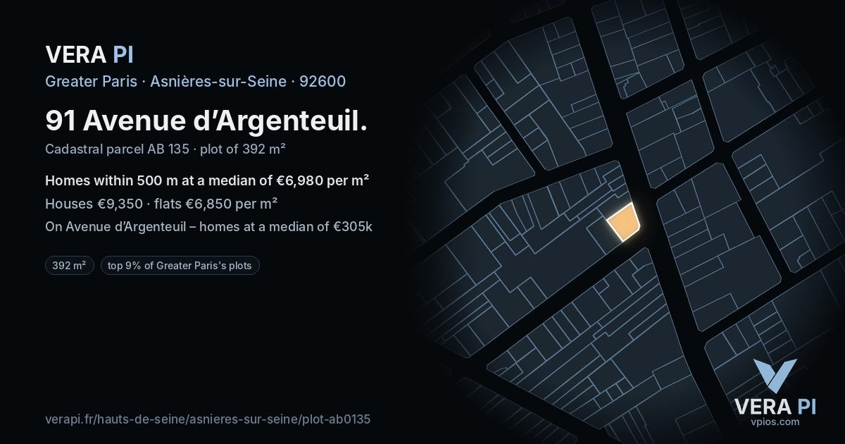 91 Avenue d’Argenteuil, Asnières-sur-Seine at night – the plot lit, the parcels around coloured by the prices near them