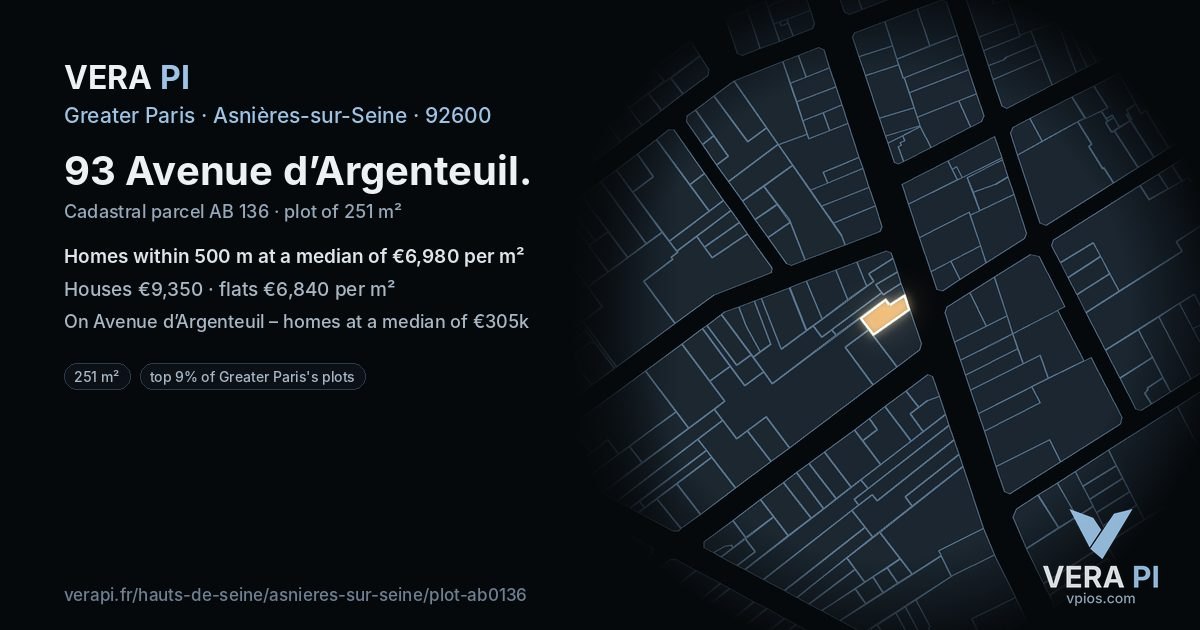 93 Avenue d’Argenteuil, Asnières-sur-Seine at night – the plot lit, the parcels around coloured by the prices near them