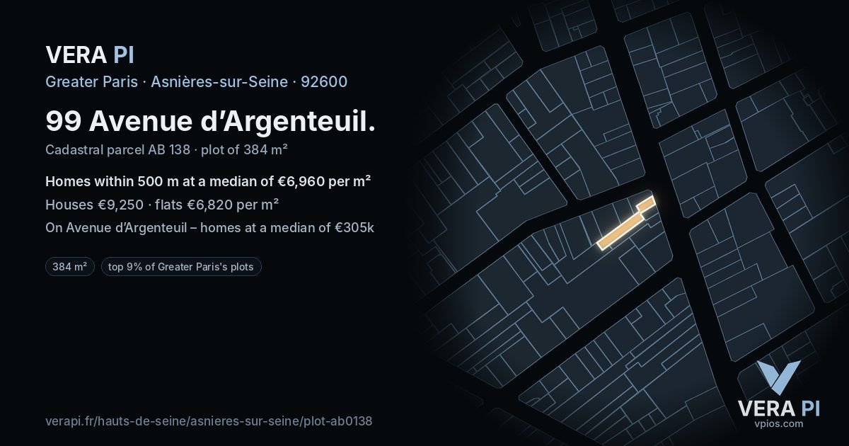 99 Avenue d’Argenteuil, Asnières-sur-Seine at night – the plot lit, the parcels around coloured by the prices near them