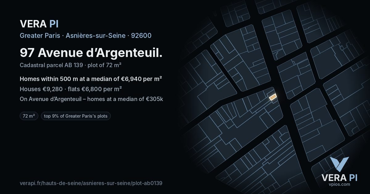97 Avenue d’Argenteuil, Asnières-sur-Seine at night – the plot lit, the parcels around coloured by the prices near them