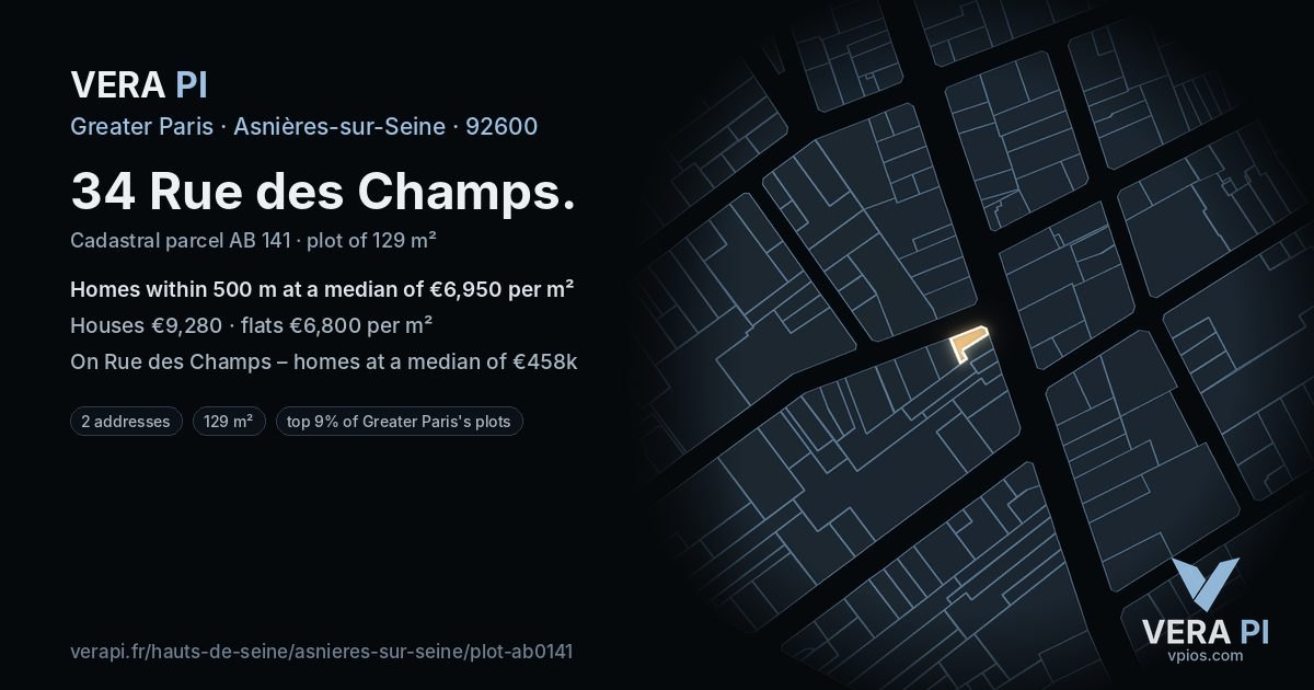 34 Rue des Champs, Asnières-sur-Seine at night – the plot lit, the parcels around coloured by the prices near them