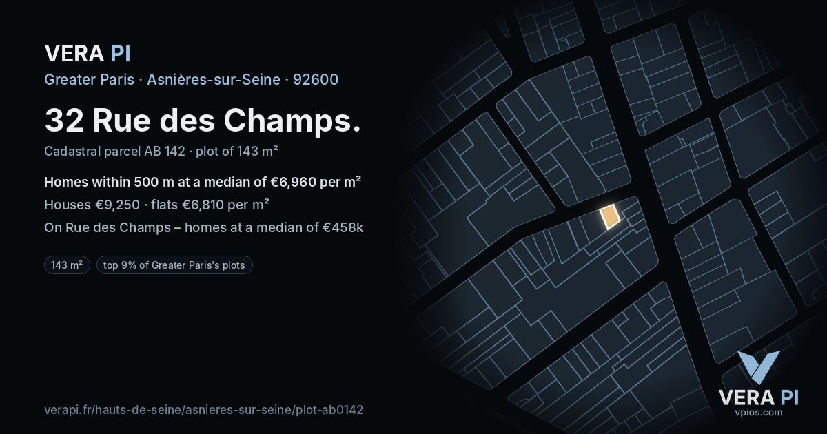 32 Rue des Champs, Asnières-sur-Seine at night – the plot lit, the parcels around coloured by the prices near them