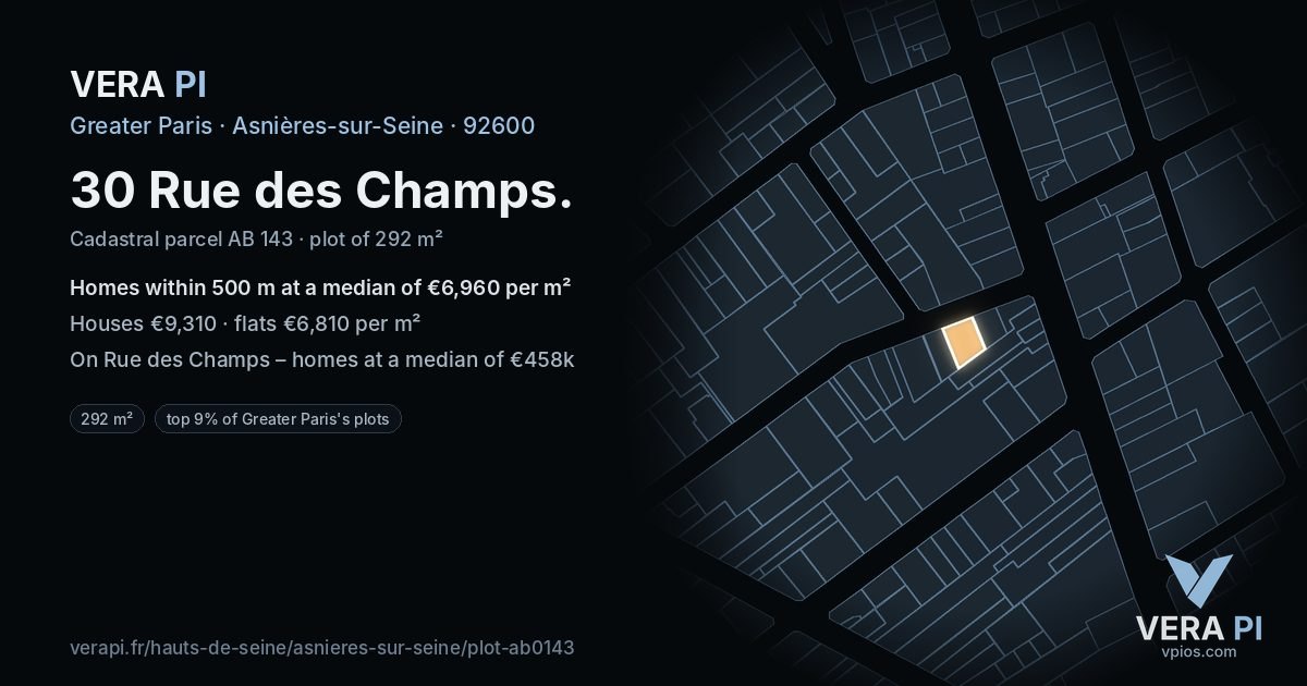 30 Rue des Champs, Asnières-sur-Seine at night – the plot lit, the parcels around coloured by the prices near them