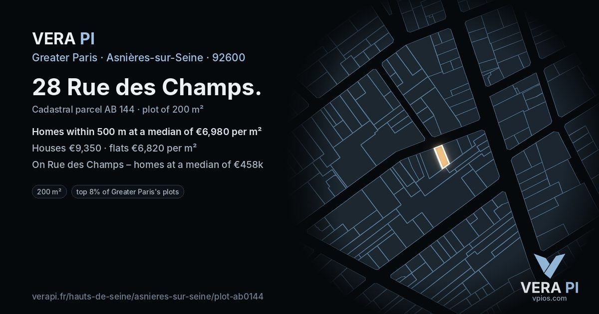 28 Rue des Champs, Asnières-sur-Seine at night – the plot lit, the parcels around coloured by the prices near them