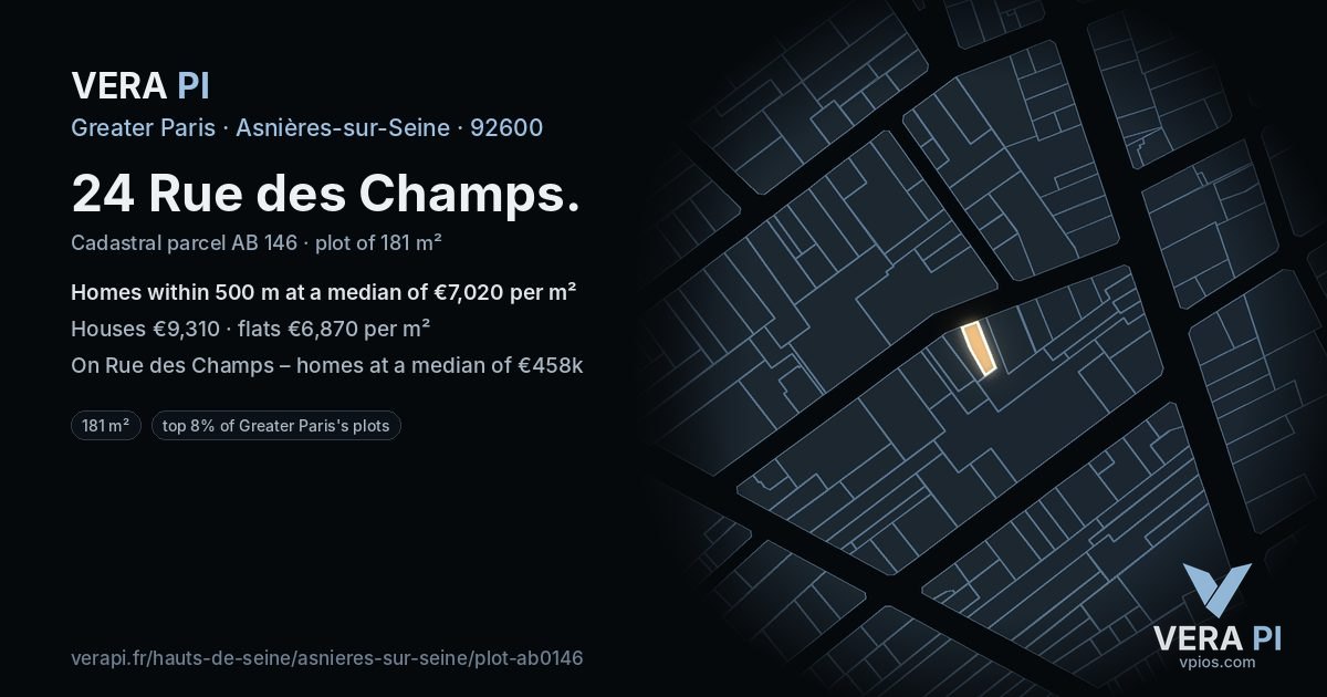 24 Rue des Champs, Asnières-sur-Seine at night – the plot lit, the parcels around coloured by the prices near them