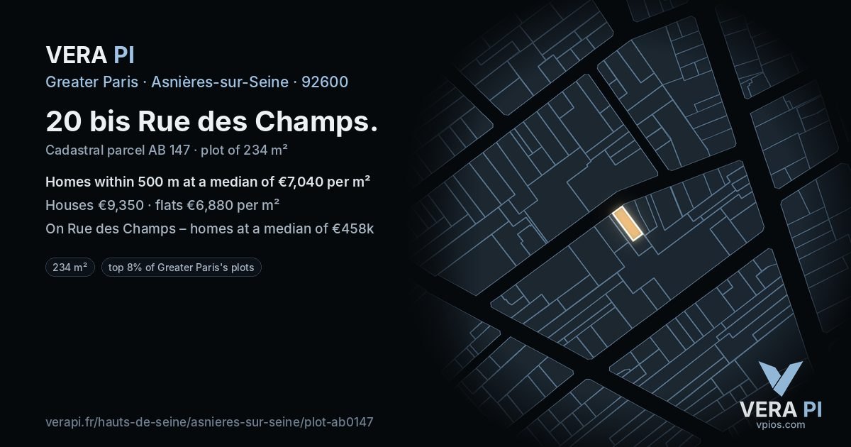 20 bis Rue des Champs, Asnières-sur-Seine at night – the plot lit, the parcels around coloured by the prices near them