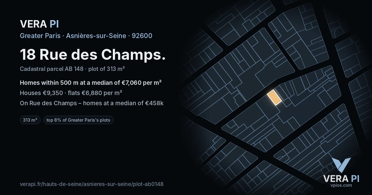 18 Rue des Champs, Asnières-sur-Seine at night – the plot lit, the parcels around coloured by the prices near them