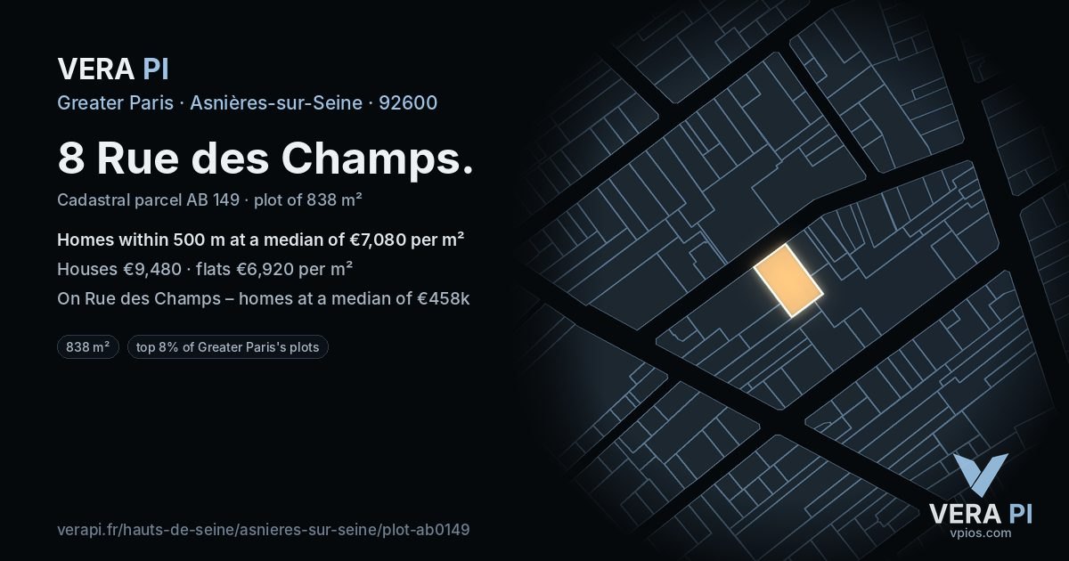 8 Rue des Champs, Asnières-sur-Seine at night – the plot lit, the parcels around coloured by the prices near them