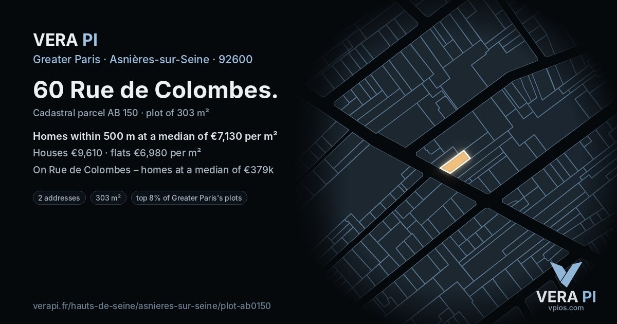 60 Rue de Colombes, Asnières-sur-Seine at night – the plot lit, the parcels around coloured by the prices near them