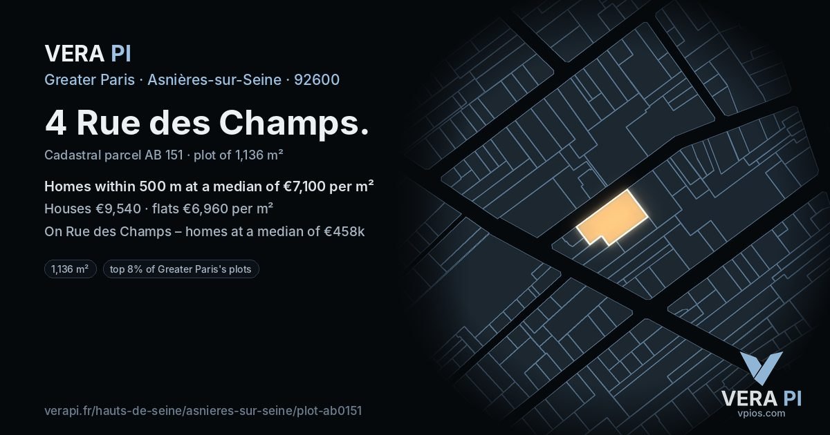 4 Rue des Champs, Asnières-sur-Seine at night – the plot lit, the parcels around coloured by the prices near them