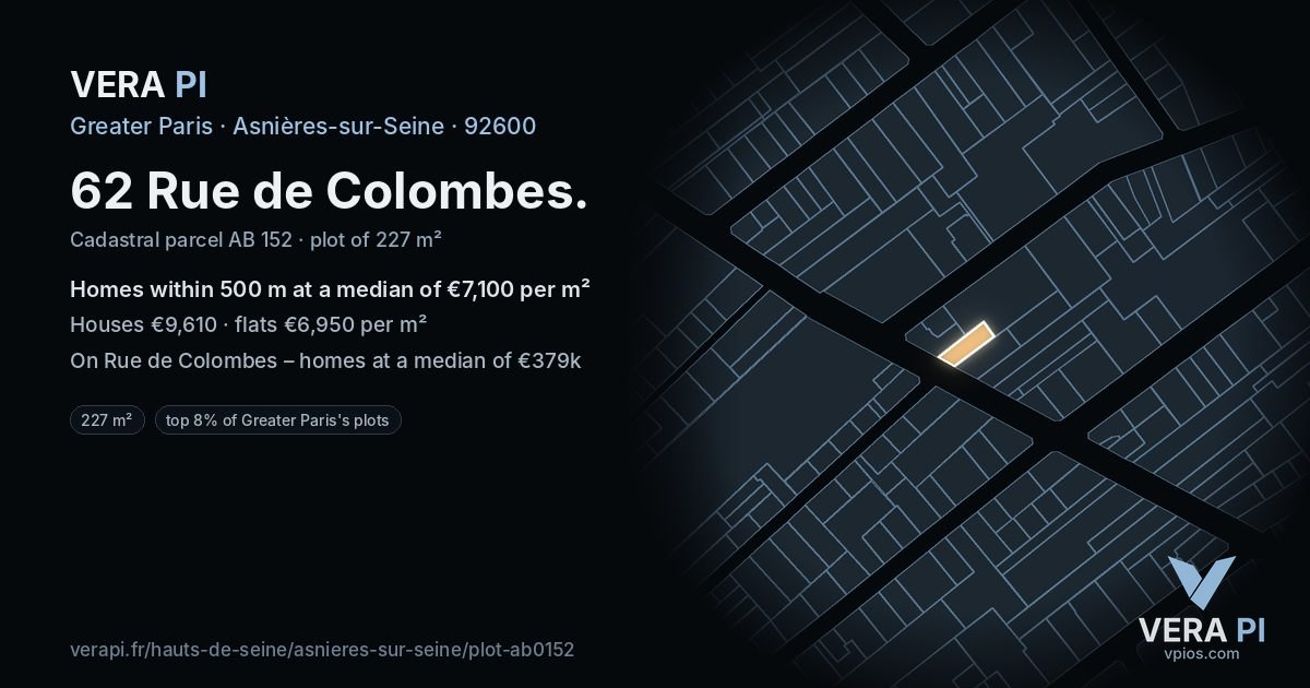 62 Rue de Colombes, Asnières-sur-Seine at night – the plot lit, the parcels around coloured by the prices near them