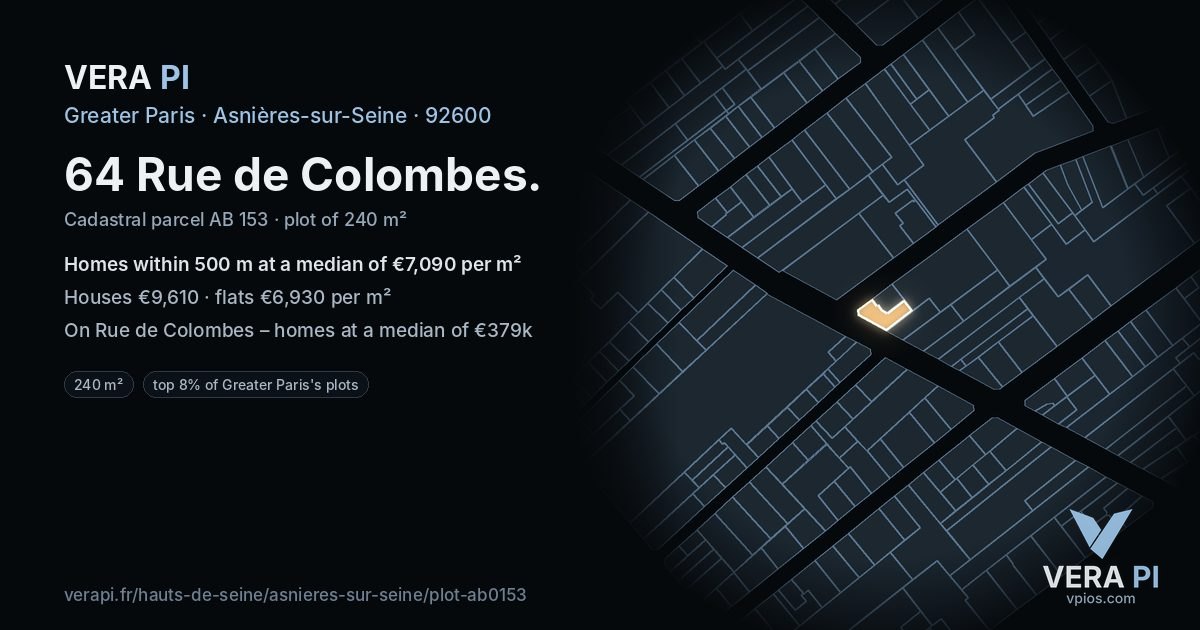 64 Rue de Colombes, Asnières-sur-Seine at night – the plot lit, the parcels around coloured by the prices near them