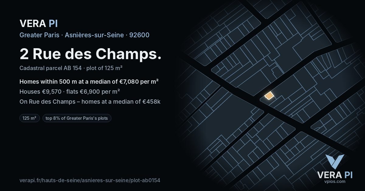 2 Rue des Champs, Asnières-sur-Seine at night – the plot lit, the parcels around coloured by the prices near them