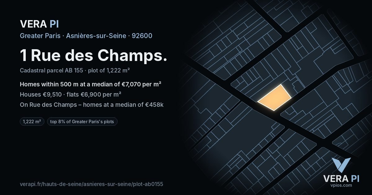 1 Rue des Champs, Asnières-sur-Seine at night – the plot lit, the parcels around coloured by the prices near them