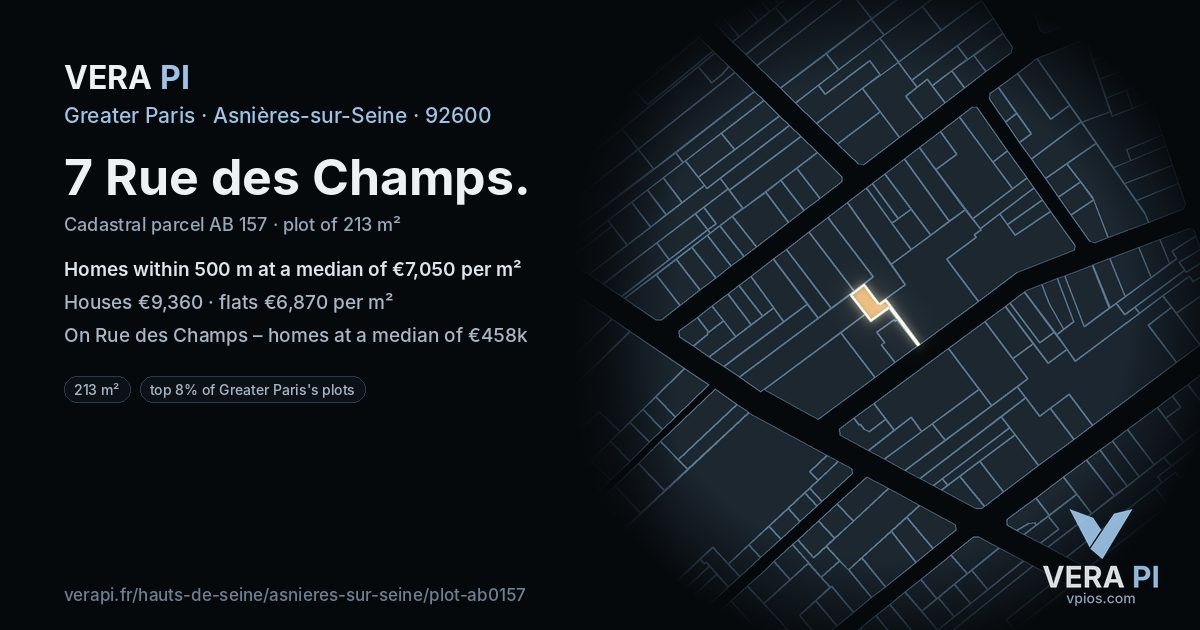7 Rue des Champs, Asnières-sur-Seine at night – the plot lit, the parcels around coloured by the prices near them