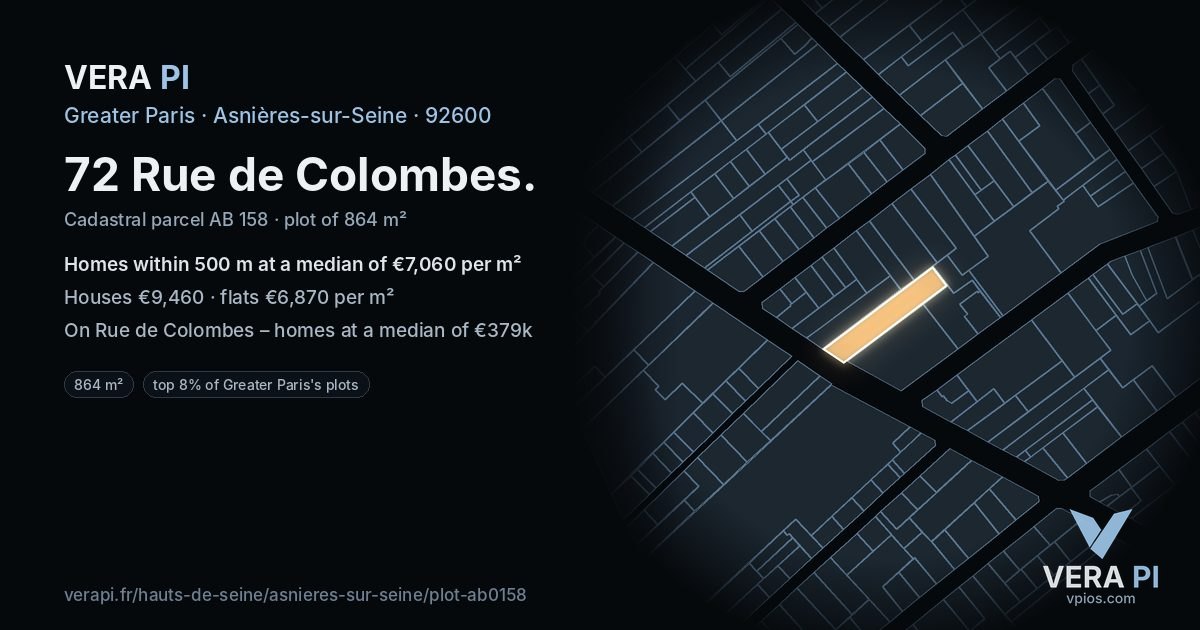 72 Rue de Colombes, Asnières-sur-Seine at night – the plot lit, the parcels around coloured by the prices near them