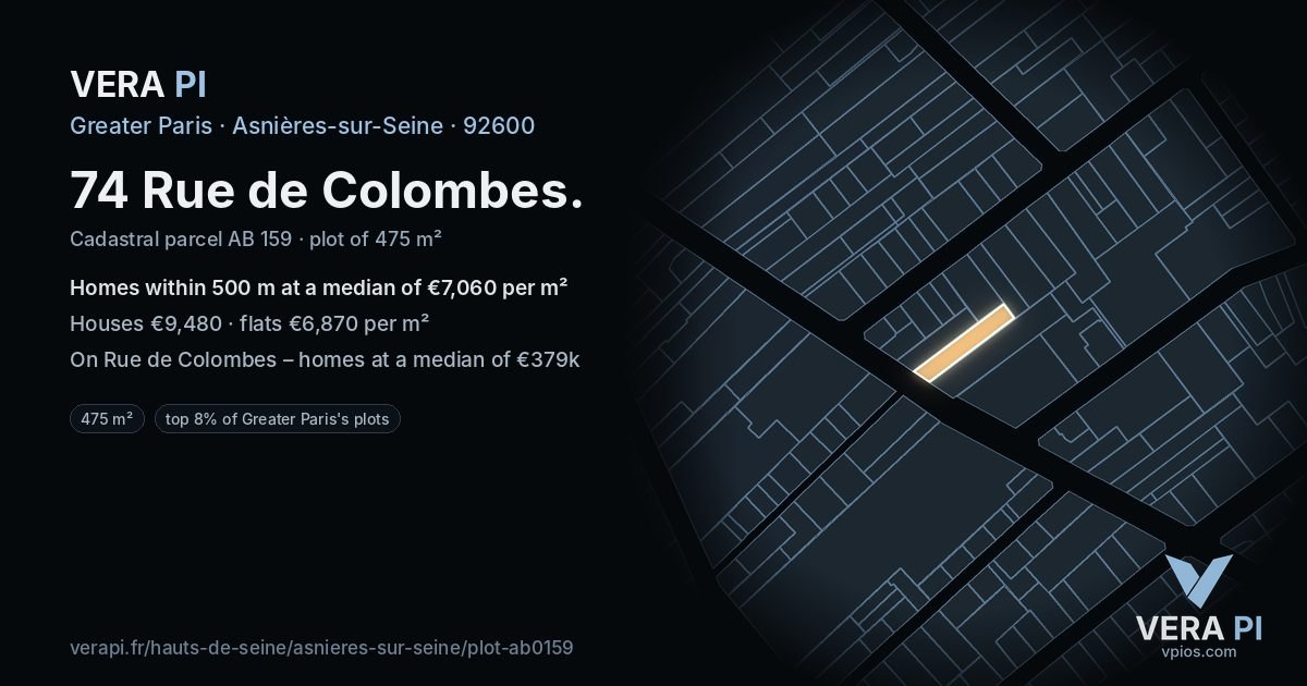 74 Rue de Colombes, Asnières-sur-Seine at night – the plot lit, the parcels around coloured by the prices near them