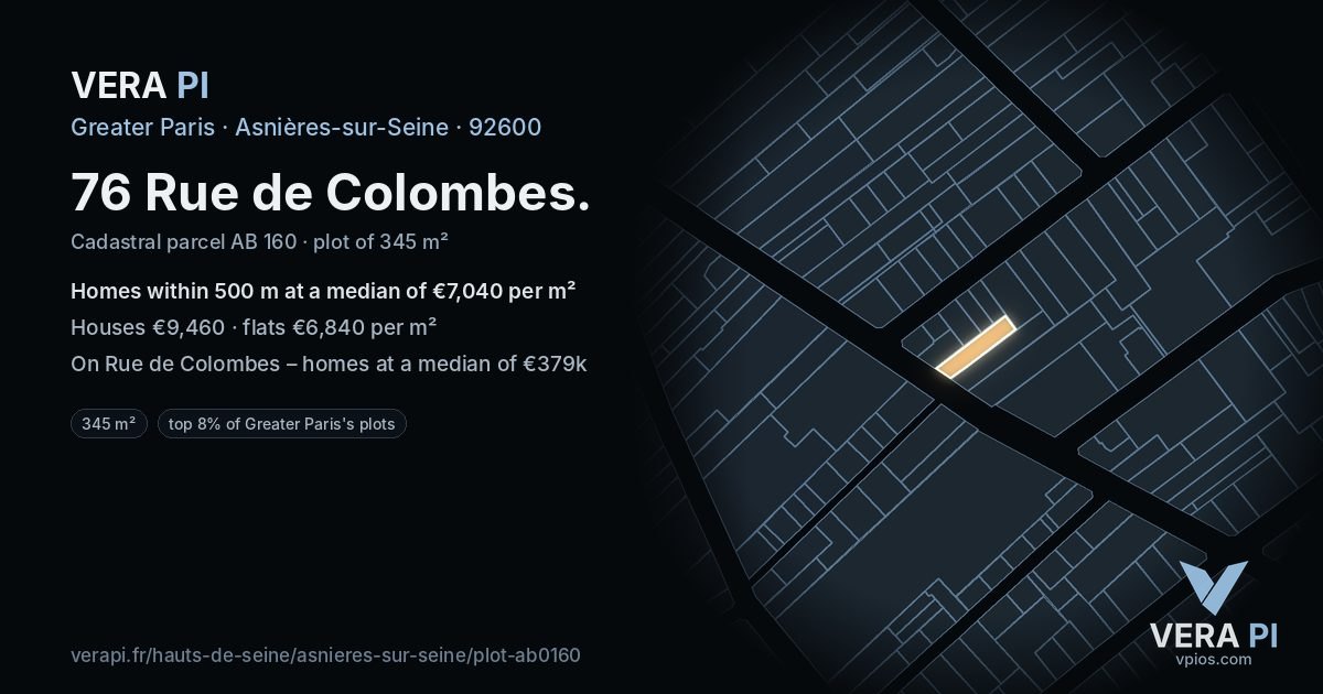 76 Rue de Colombes, Asnières-sur-Seine at night – the plot lit, the parcels around coloured by the prices near them