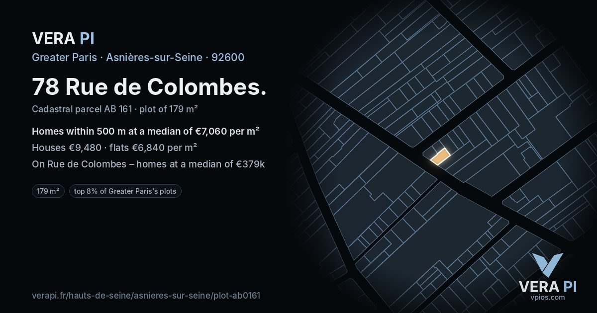 78 Rue de Colombes, Asnières-sur-Seine at night – the plot lit, the parcels around coloured by the prices near them