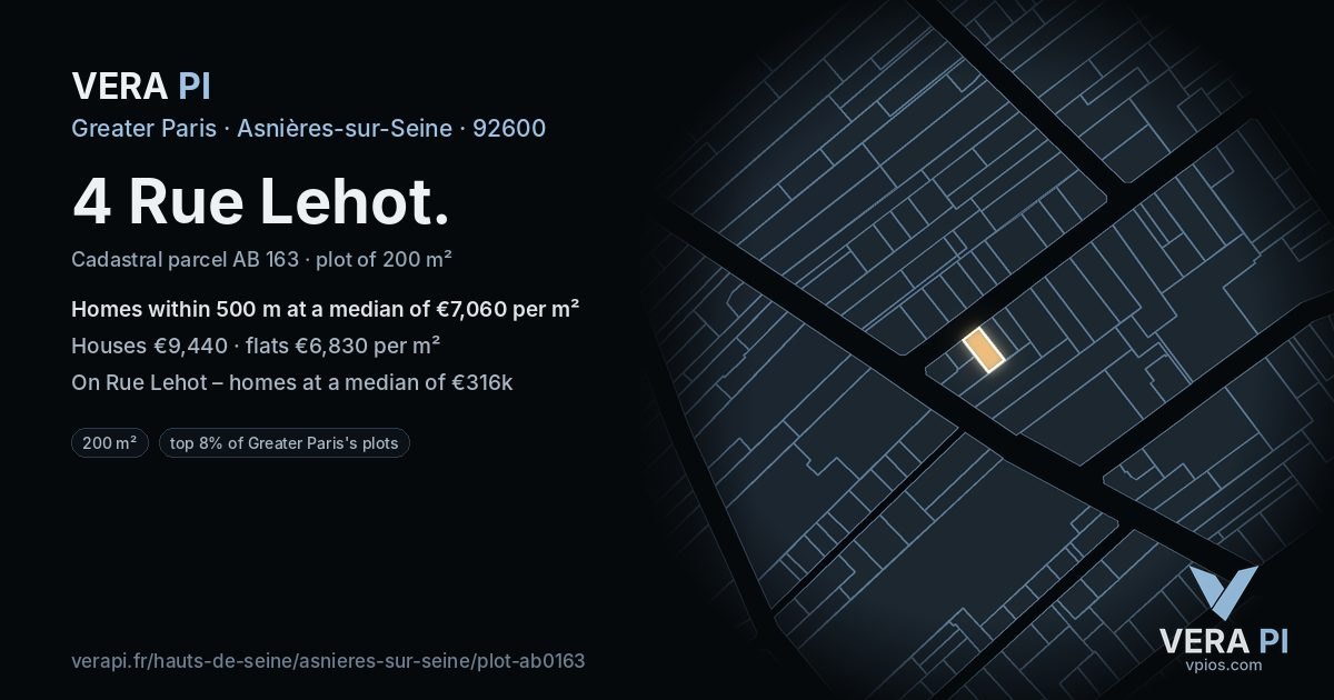 4 Rue Lehot, Asnières-sur-Seine at night – the plot lit, the parcels around coloured by the prices near them