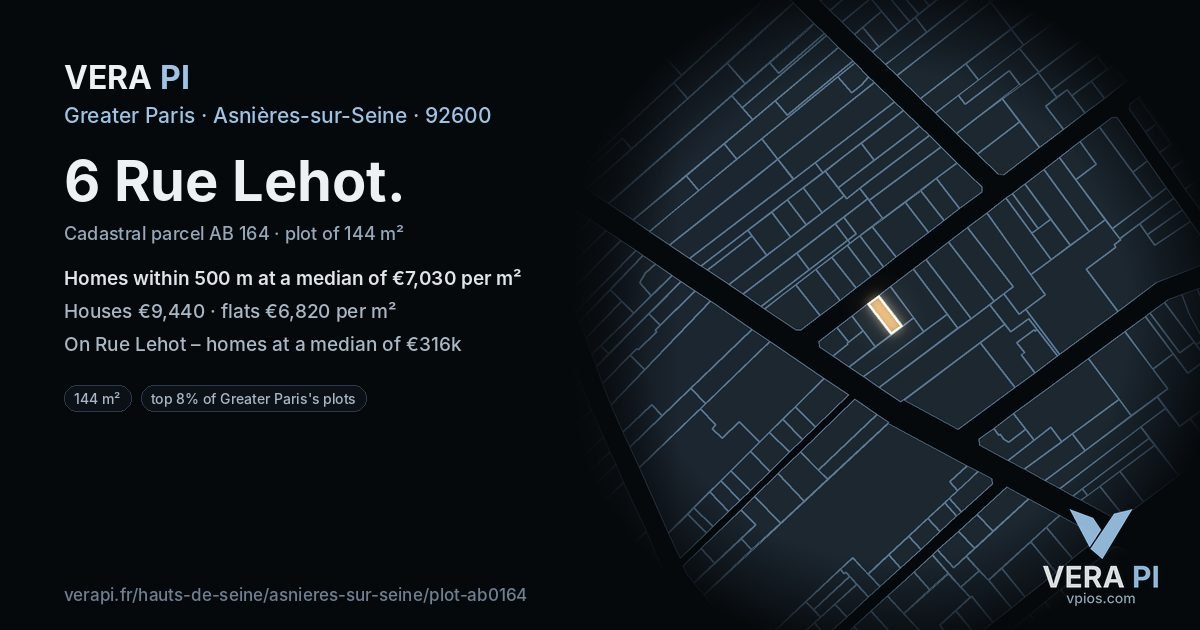 6 Rue Lehot, Asnières-sur-Seine at night – the plot lit, the parcels around coloured by the prices near them