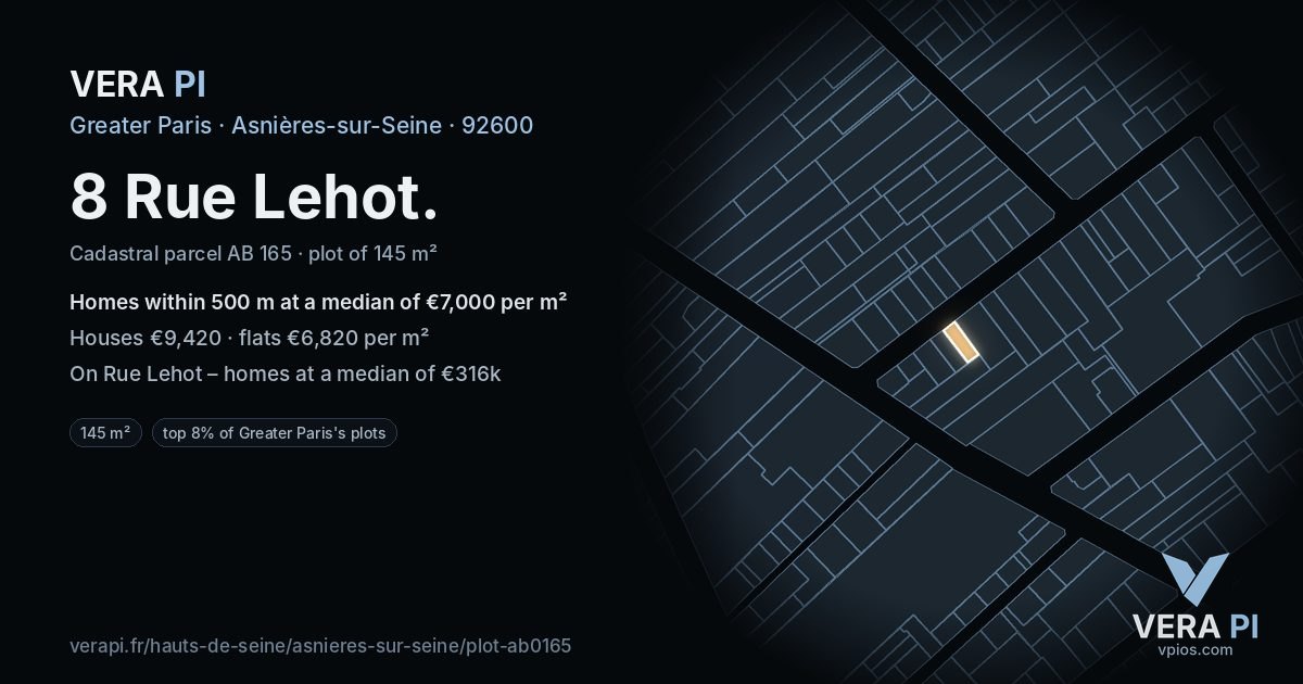 8 Rue Lehot, Asnières-sur-Seine at night – the plot lit, the parcels around coloured by the prices near them