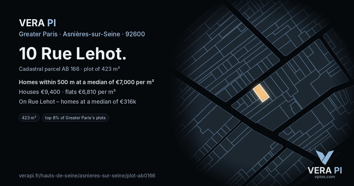 10 Rue Lehot, Asnières-sur-Seine at night – the plot lit, the parcels around coloured by the prices near them