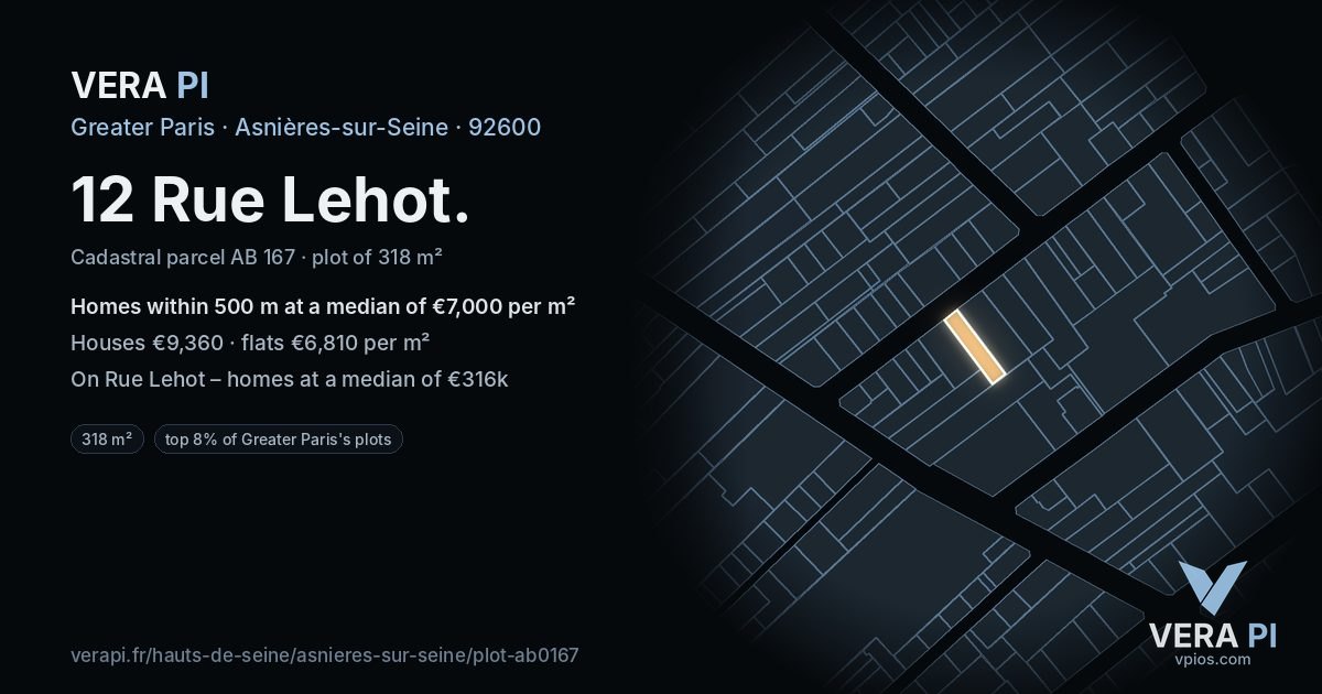 12 Rue Lehot, Asnières-sur-Seine at night – the plot lit, the parcels around coloured by the prices near them