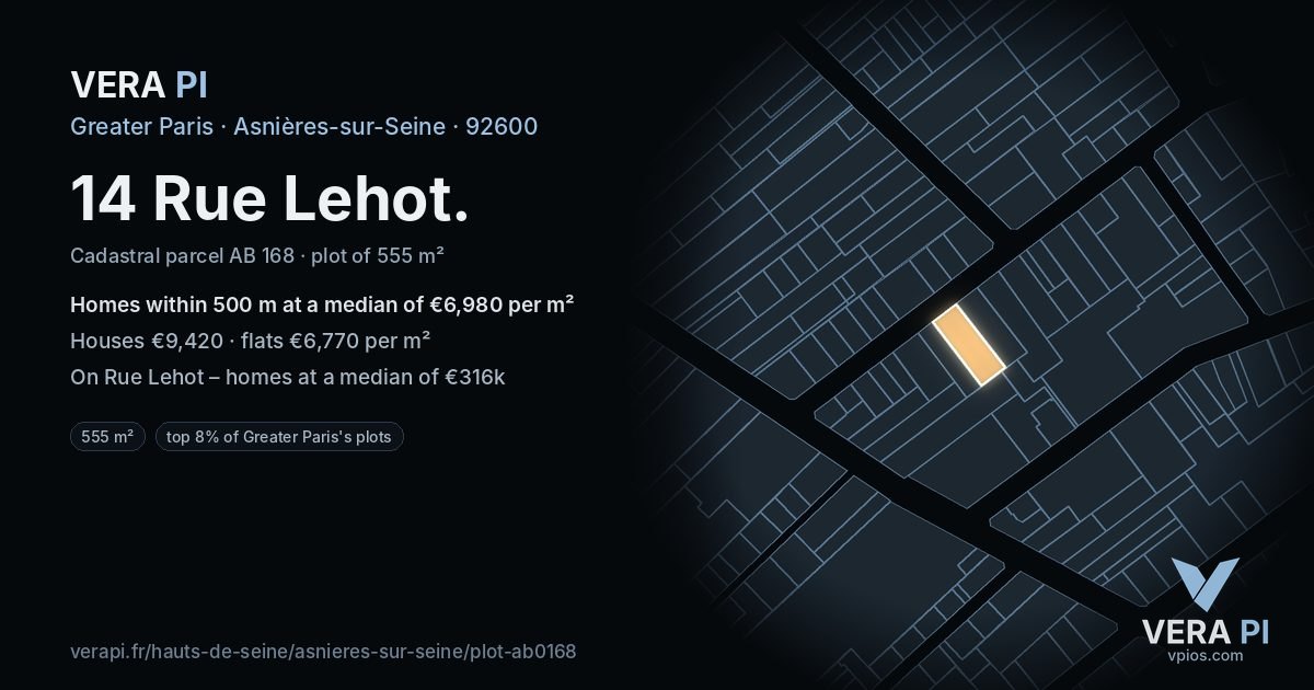14 Rue Lehot, Asnières-sur-Seine at night – the plot lit, the parcels around coloured by the prices near them