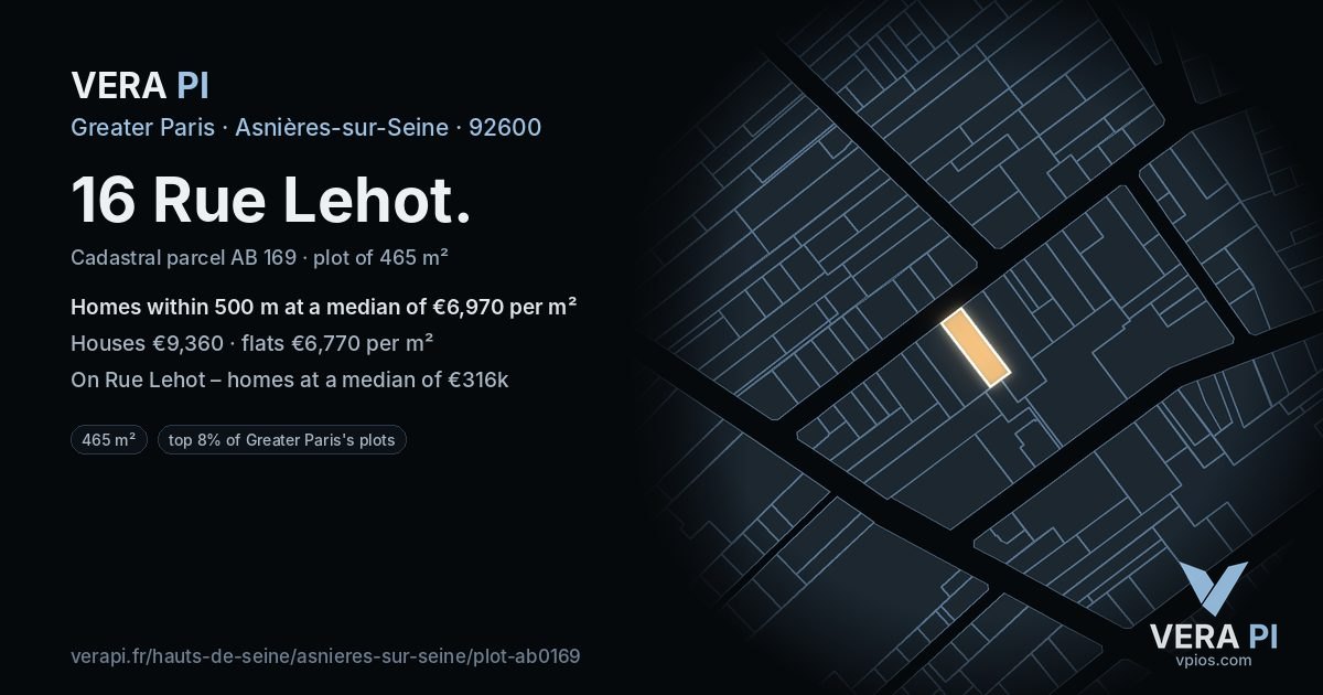 16 Rue Lehot, Asnières-sur-Seine at night – the plot lit, the parcels around coloured by the prices near them