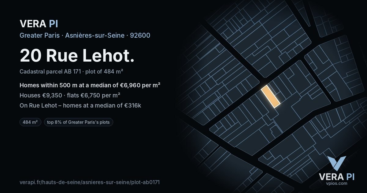 20 Rue Lehot, Asnières-sur-Seine at night – the plot lit, the parcels around coloured by the prices near them