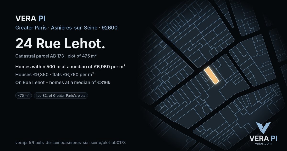 24 Rue Lehot, Asnières-sur-Seine at night – the plot lit, the parcels around coloured by the prices near them