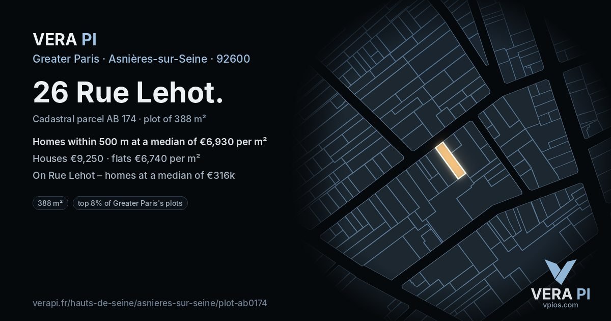 26 Rue Lehot, Asnières-sur-Seine at night – the plot lit, the parcels around coloured by the prices near them