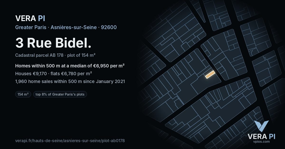 3 Rue Bidel, Asnières-sur-Seine at night – the plot lit, the parcels around coloured by the prices near them