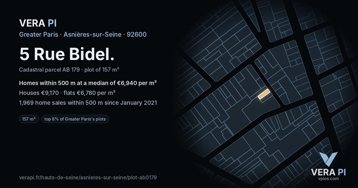 5 Rue Bidel, Asnières-sur-Seine at night – the plot lit, the parcels around coloured by the prices near them