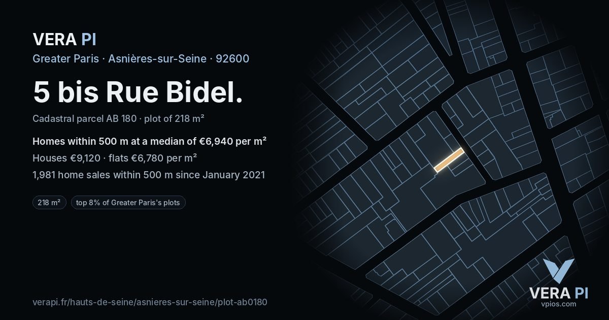 5 bis Rue Bidel, Asnières-sur-Seine at night – the plot lit, the parcels around coloured by the prices near them
