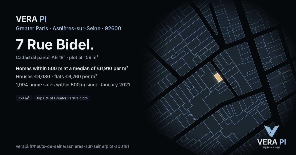 7 Rue Bidel, Asnières-sur-Seine at night – the plot lit, the parcels around coloured by the prices near them
