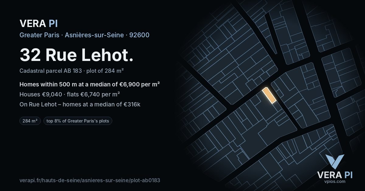 32 Rue Lehot, Asnières-sur-Seine at night – the plot lit, the parcels around coloured by the prices near them