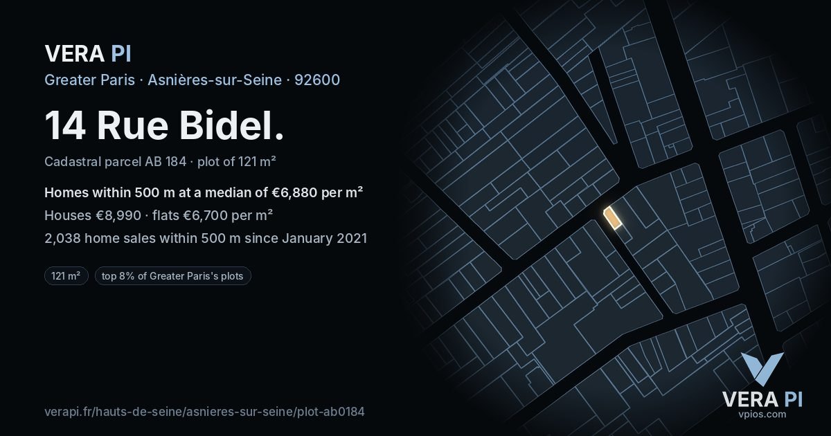 14 Rue Bidel, Asnières-sur-Seine at night – the plot lit, the parcels around coloured by the prices near them