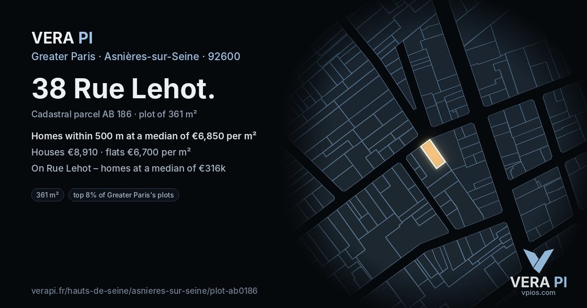 38 Rue Lehot, Asnières-sur-Seine at night – the plot lit, the parcels around coloured by the prices near them