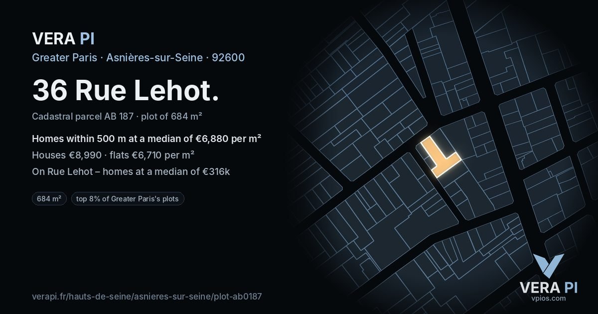 36 Rue Lehot, Asnières-sur-Seine at night – the plot lit, the parcels around coloured by the prices near them