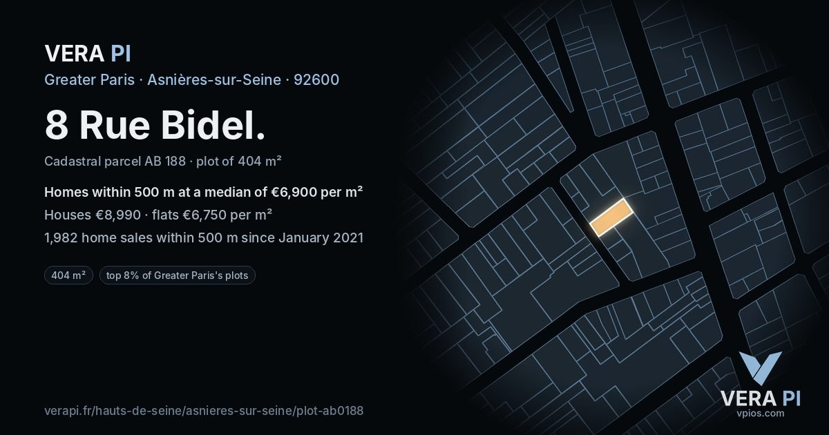8 Rue Bidel, Asnières-sur-Seine at night – the plot lit, the parcels around coloured by the prices near them