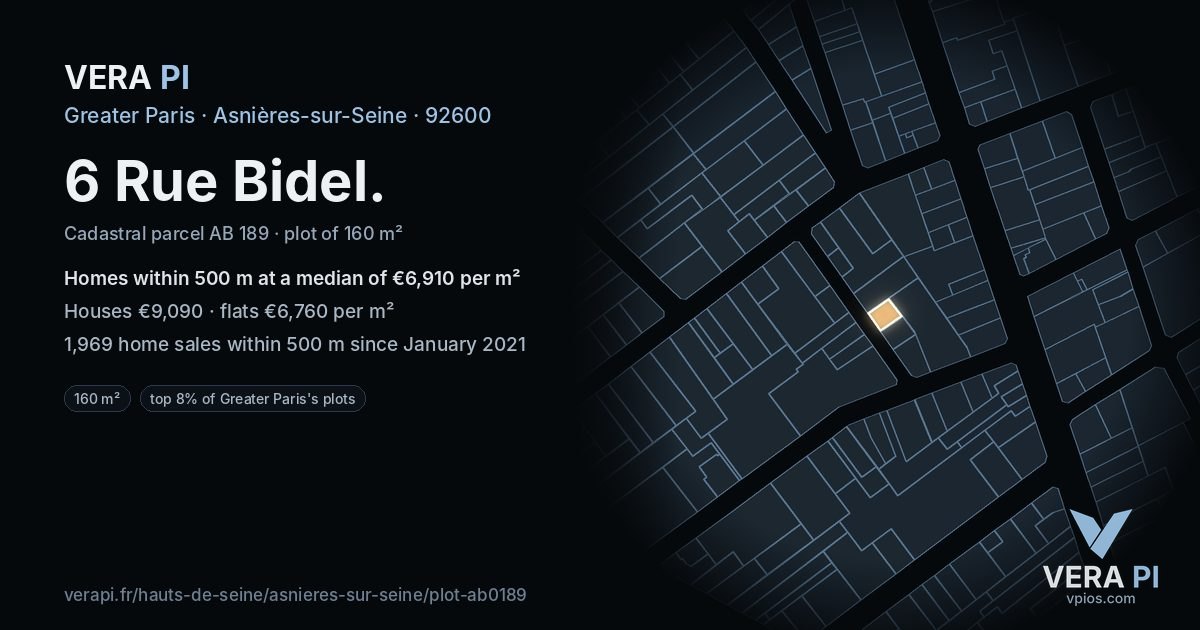 6 Rue Bidel, Asnières-sur-Seine at night – the plot lit, the parcels around coloured by the prices near them