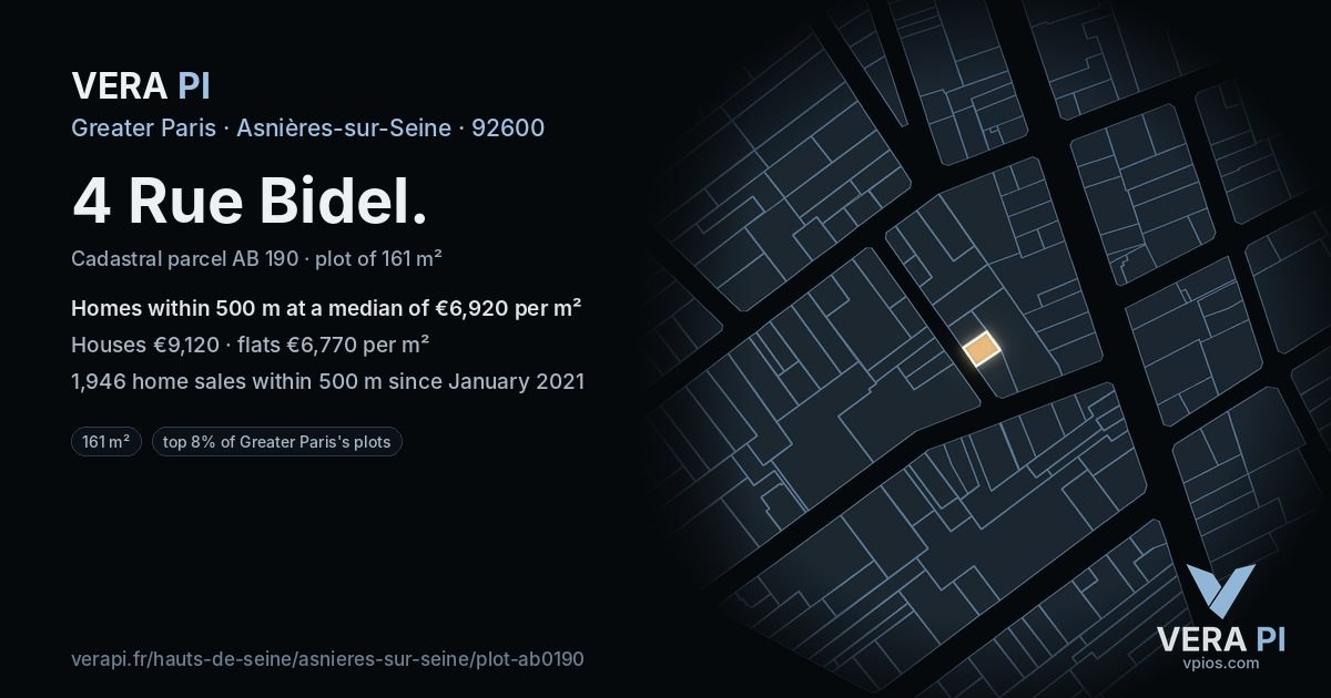 4 Rue Bidel, Asnières-sur-Seine at night – the plot lit, the parcels around coloured by the prices near them