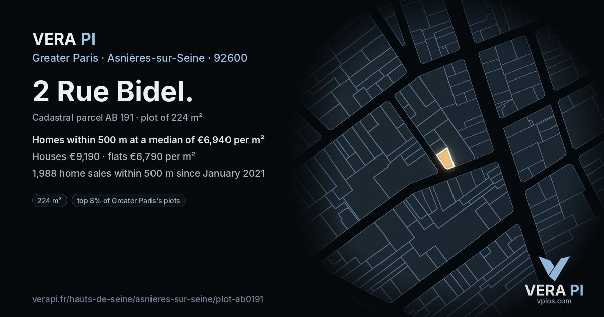 2 Rue Bidel, Asnières-sur-Seine at night – the plot lit, the parcels around coloured by the prices near them
